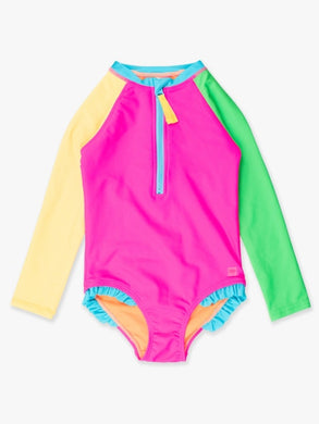Neon Color Block Girls Long Sleeve Rash Guard One Piece