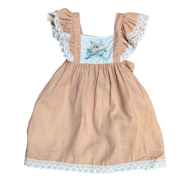 Pink Floral Embroidery Linen Ruffle Dress