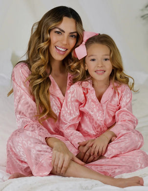 Mommy & Me Pink Leopard Print Silk Pajamas Set