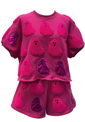 QOS Kids Pink Fuzzy Ghost Top