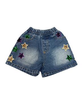 Mardi Gras Denim 3D Sequin Star Shorts