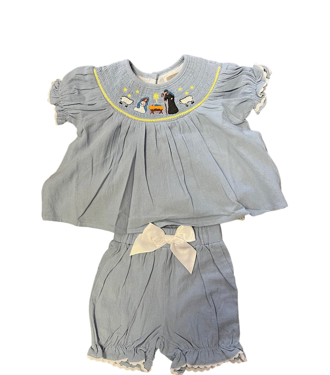 Light Blue Nativity Smocked Dress and Bloomer Set