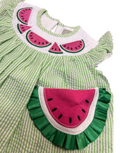 Green Seer Sucker Watermelon Smocked Bishop Dress