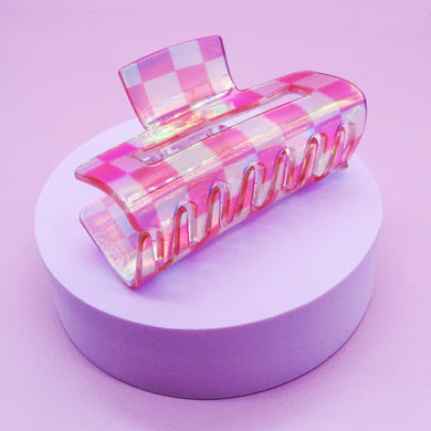 Medium Square Iridescent Checkered Hair Claw Clip