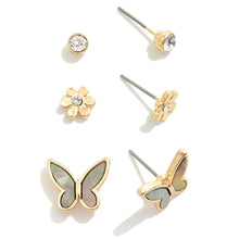 Set of 3 Gold Tone Earrings Featuring Butterfly and Flower Studs