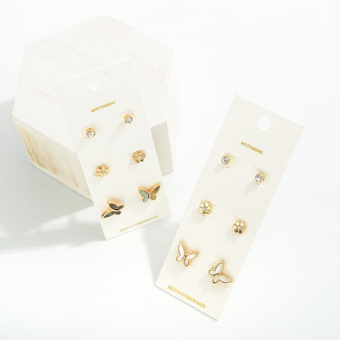 Set of 3 Gold Tone Earrings Featuring Butterfly and Flower Studs