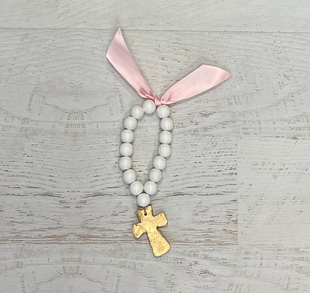 Hand Painted Bitty Baby Blessing Beads - Pink Cross